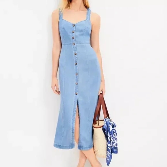 LOFT Chambray Light Blue Denim Dress. NWT size 10P - Picture 2 of 9